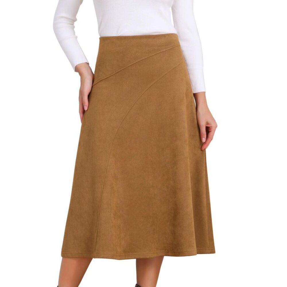 Women's Elastic High Waist A-Line Faux Suede Midi Skirt - Brown Medium